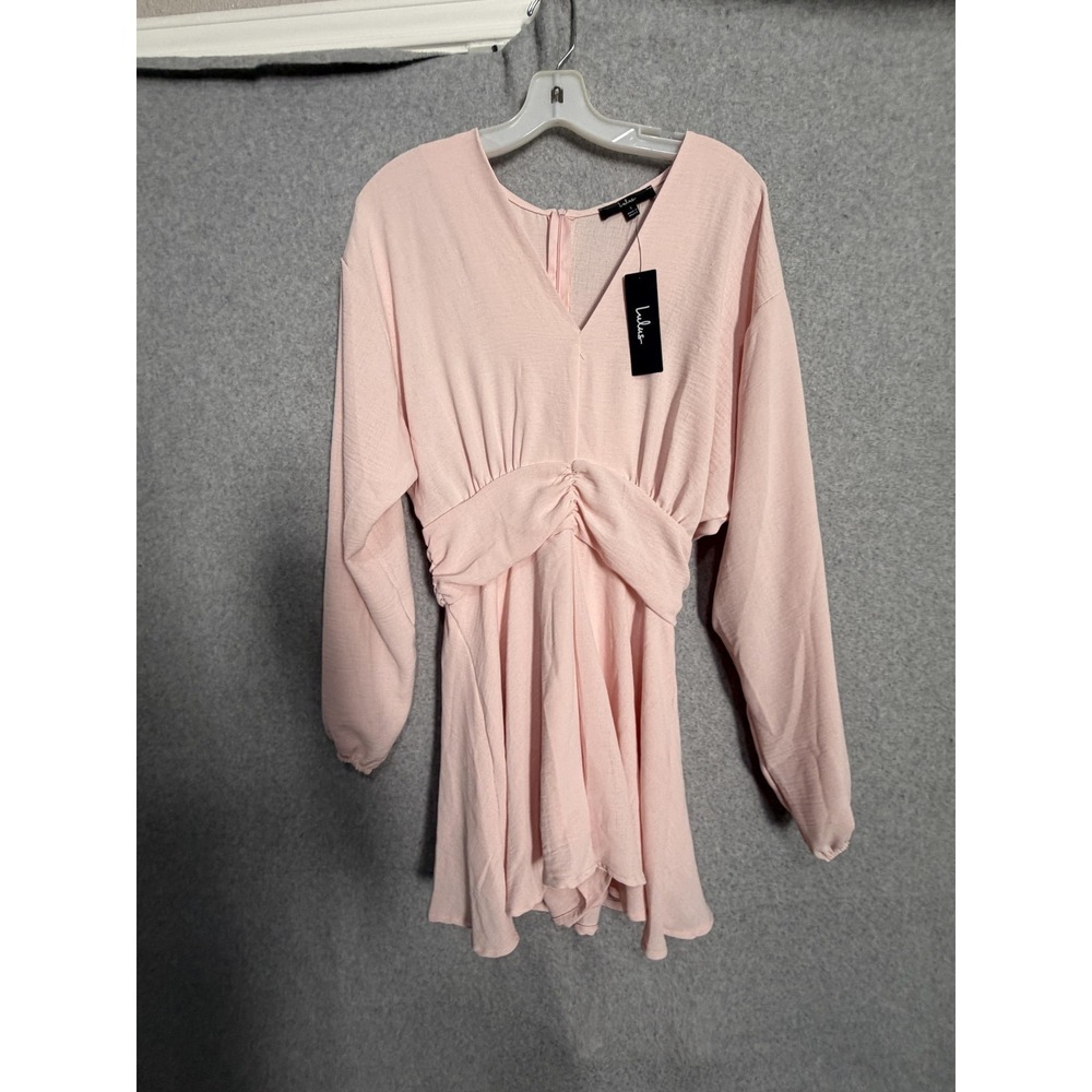 Lulus Dress Womens S Pink V Neck Ruched Waist Long‎ Sleeve Fit & Flare Mini